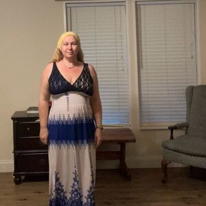 Elegant Blue , Black and White Reversible Maxi Dress.